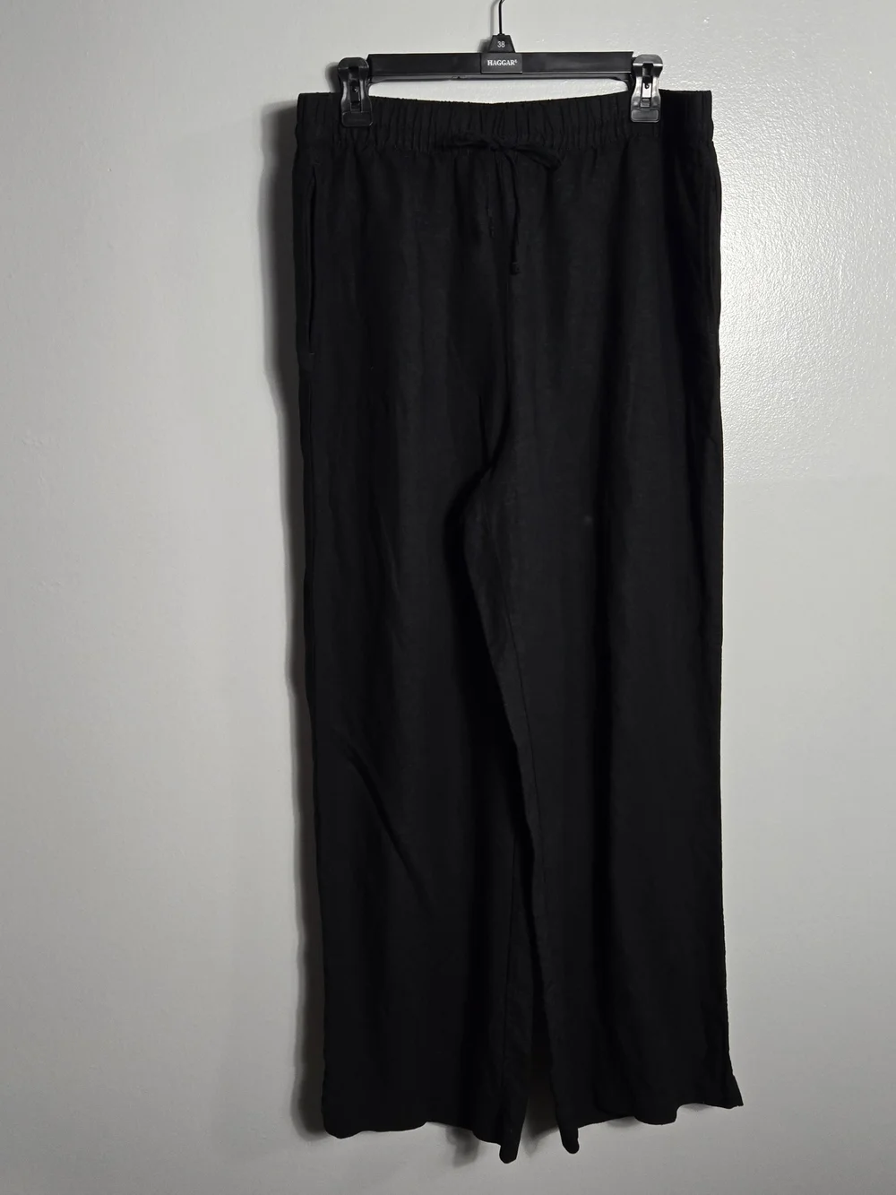 H&M Black Linen Blend Drawstring Elastic Waist Wide Leg Pants Trousers Large